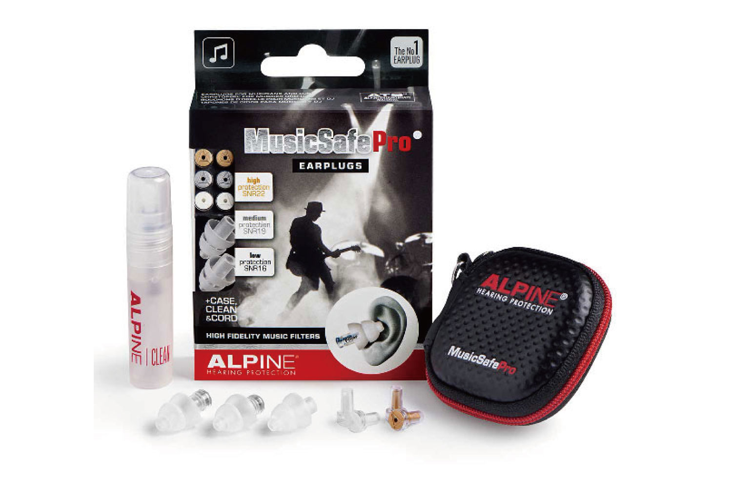 ALPINE(アルパイン) Hearing Protectionは耳の 保護における専門家であり、ミュージシャンの 耳の保護、安眠、または飛行機内での騒音レベル を下げる為の画期的でユニークなイヤープラグ の開発から生産まで全てをオランダで行う、 No1.イヤープラグメーカーです。 最上位モデル「MUSICSAFE-PRO」は、ライブハウス やコンサートなど大音量の会場でパフォーマンス をするミュージシャンの耳を守る為に開発されま した。抑えたい音量に合わせた周波数特性の違う フィルターを3種類備え、専用クリーナー、ポー チタイプの専用ケースを付属したALPINE HEARING PROTECTIONイヤープラグの中で最も豪華なエデ ィションです。 大音量環境に接するという事は 聴覚の損傷を負う重大なリスクに直面している という事です。実は聴覚こそが最も重要なギア である“ミュージシャン”。もしも難聴になっ てしまった場合、あなたのパフォーマンスは劇 的に落ちてしまうと思います。適切に聴覚を保 護する事は、とても重要な事です。 ●特徴 &#8226;難聴や耳鳴りを防ぎます。 &#8226;3種類のフィルタセット。 &#8226;音質は維持されたまま音量を減衰。 &#8226;便利な収納ポーチ付き。 &#8226;専用クリーナー付き。 &#8226;ストラップ付き。 ●仕様 &#8226;イヤープラグ X 3 &#8226;フィルター：WhiteX2 SilverX2 GoldX2 &#8226;専用ストラップ付属 &#8226;専用クリーナー付属 &#8226;専用ケース付属 &#8226;重量：65g ※2019年6月にマイナーチェンジされ クリーナー、ポーチタイプのケースが付属致します。　