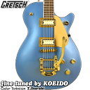 Gretschの限定モデル、Limited Edition Electromatic Pristine Jet！チェンバードマホガニーボディ、メイプルトップの組み合わせにThin “U”マホガニーネック仕様。12インチRのローレル指板、22ミディアムジャンボフレット。PUはクリームインサートが施されたFT-5E Filter Tronハムバッカーを搭載しています。Bigsby B50 VibratoテイルピースにAdjusto-Maticブリッジ。グレッチならではのルックスと現代的な仕様の特別な1本です。メタリックフィニッシュのトップ、深みのあるステインドボディ＆ネックのツートーンフィニッシュ、ゴールドハードウェアが目を惹きます！ジェットならではの勢いあるサウンドも魅力です。当店で調整してお届け致します。 ボディトップ：Arched Maple Body Material：Mahogany Body Finish：Gloss Neck：Mahogany, Thin “U” Neck Finish：Gloss Fingerboard：Laurel, 12” (305 mm) Frets：22, Medium Jumbo Position Inlays：Pearloid Neo-Classic Thumbnail Nut (Material/Width)：Synthetic Bone, 1.6875” (42.86 mm) Tuning Machines：Die-Cast Sealed Scale Length：24.6” (625 mm) Bridge：Adjusto-Matic Pickguard：Gold Plexi with Black Gretsch and Electromatic Logos Pickups：FT-5E FilterTron (Bridge), (Middle), FT-5E FilterTron (Neck) Pickup Switching： 3-Position Toggle: Position 1. Bridge Pickup, Position 2. Bridge and Neck Pickups, Position 3. Neck Pickup Controls Volume 1. (Neck Pickup), Volume 2. (Bridge Pickup), Master Volume, Master Tone Control Knobs：G-Arrow Hardware Finish：Gold Strings：Nickel Plated Steel (.010-.046 Gauges) ●付属品 ギグケース　