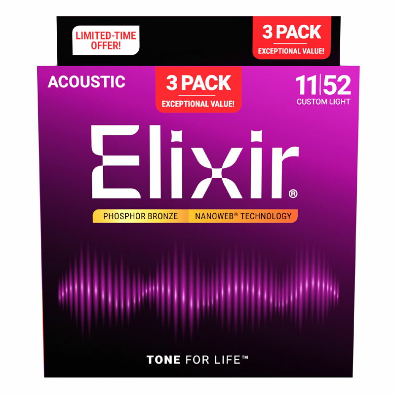 Elixir Acoustic Guitar Strings Phosphor Bronze 3Pack Set Custom Light #16568 カスタムライト【エリクサー3セットパック特価！】【送料無料】【定形外郵便発送】アコースティックギター弦