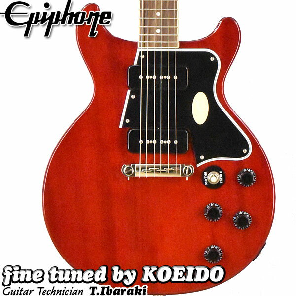 1960年代初頭のモデルを再現したInspired by Gibsonコレクションとして、Les Paul Special Double Cutがエピフォンから登場！スラブ構造のマホガニー・ダブル・カッタウェイ・ボディを採用し、指板全域へのスムーズなアクセスを実現しています。セットネック構造のマホガニー・ネックには60sスリムテーパー・プロファイルを採用し、バインディング付きローズウッド指板には22本のミディアム・ジャンボ・フレットとパーロイド・ドット・ポジション・マーカー・インレイを備えています。1960年代スタイルのカラマズー・ヘッドストックには、アイボリー・ボタンを備えたエピフォン3連ペグとGraph Techナットを搭載し、安定したチューニング性能と確かなヴィンテージ感を実現しています。ピックアップには、エピフォンP-90 PROシングルコイル・ソープバー・ピックアップを2基搭載し、甘くきらびやかなクリーンから、荒々しく歪んだサウンドまで幅広くカバーします。ダブルカッタウェイならではの魅力を備えたモデルであり、これまで以上に手に取りやすい存在となっています。プレミアム・ギグバッグが付属します。当店で調整してお届け致します。 Body Material：Mahogany Finish：Gloss Neck Material：Mahogany Profile：60s SlimTaper Scale Length：24.75" / 628.65mm Fingerboard Material：Rosewood Fingerboard Radius：12" Number Of Frets：22 Frets：Medium Jumbo Nut Material：Graph Tech Nut Width：1.69" / 43mm Inlays：Pearloid Dot Joint：Glued in-set Hardware Finish:Nickel Bridge:Lightning Bar Compensated Wraparound Tuning Machines:Epiphone Deluxe Three on a Plate; Ivory Button TrussRod:Dual Action Control Knobs: Black Top Hat Electronics Neck Pickup:Epiphone P-90 PRO Soapbar Bridge Pickup:Epiphone P-90 PRO Soapbar Controls: 2- Volume, 2- Tone Pickup Selector:3-way Epiphone toggle Output Jack:1/4" ●プレミアム・ギグケース付属　