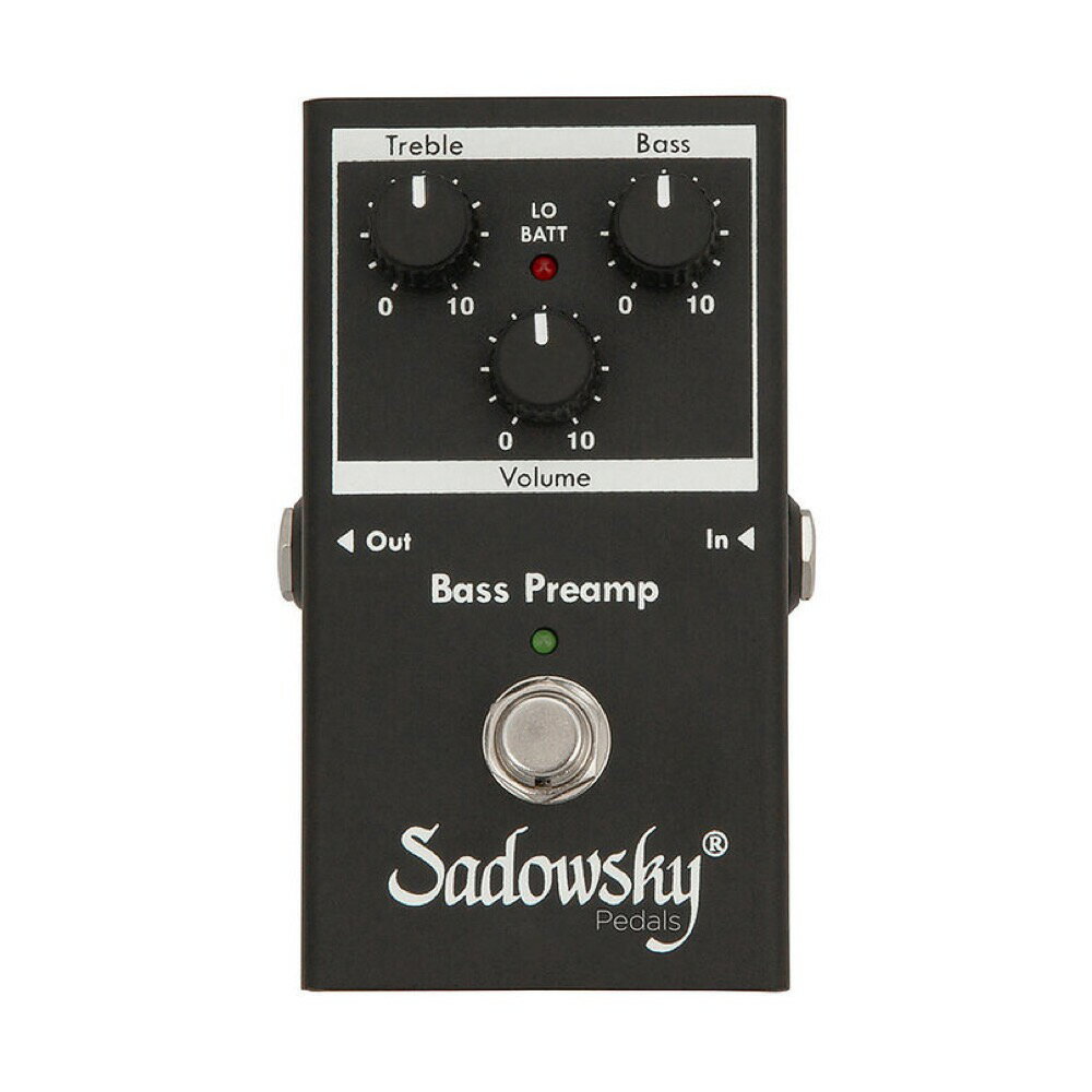 サドウスキーの高品質なプリアンプがペダルになりました。Sadowsky Bass Preamp Pedalは、30年以上にわたってSadowskyのすべてのベースに内蔵されてきたものと同じエレクトロニクスをペダルにまとめたものです。オリジナルのエレクトロニクスを変更したくない古いヴィンテージ楽器のアップグレードなどに最適です。コントロールオプションは、Volume/Treble/Bassとシンプルにまとめられ、TrebleとBassはブーストとしてのみ機能します。 ●コントロール Volume/Treble/Bass -Bass+18dB(40Hz Boost Only) -Treble+18dBブースト(4kHz Boost Only) -バイパスフットスイッチ(On/Off) ●端子 -6.3mm入力/出力(モノラル) ●電源 -9Vバッテリーまたは9V DCアダプター(極性 (-)センター)による電力供給 -消費電流3 mA ●サイズ (長さ×幅×高さ) 112×70×53mm ●重量 約265 g ※9Vバッテリーは付属いたしません。　