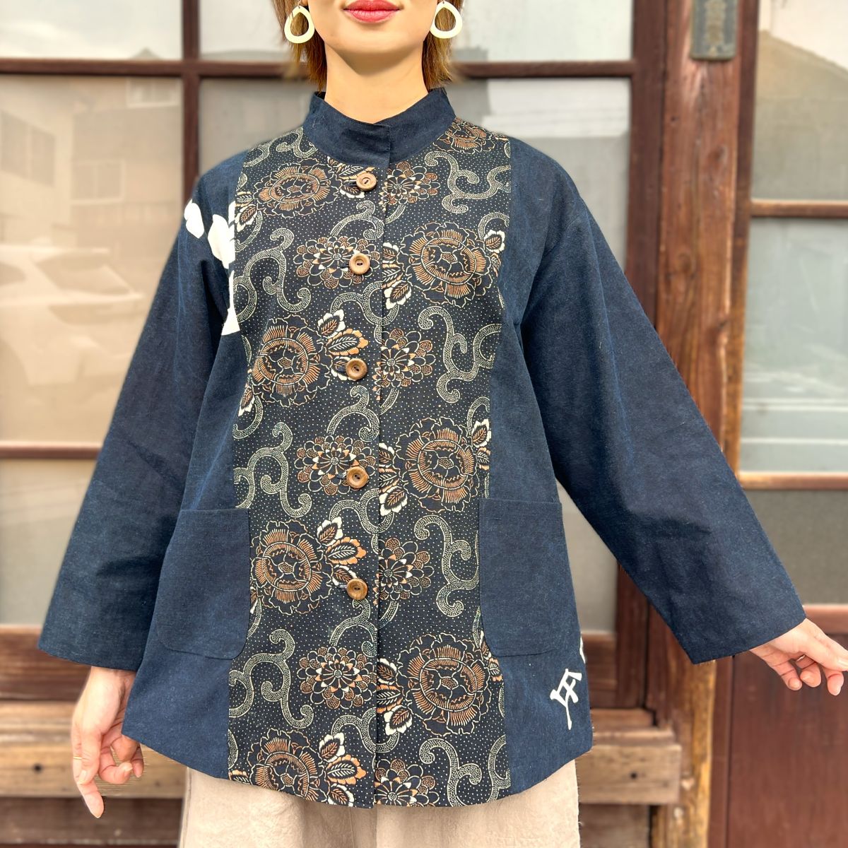 【古布アレンジジャケット】高木ふくえ作ミセス50代60代70代レディース綿100％秋冬春創作服Aライン綺麗シルエットスタンドカラー筒描き型染め風呂敷時代物アンティーク