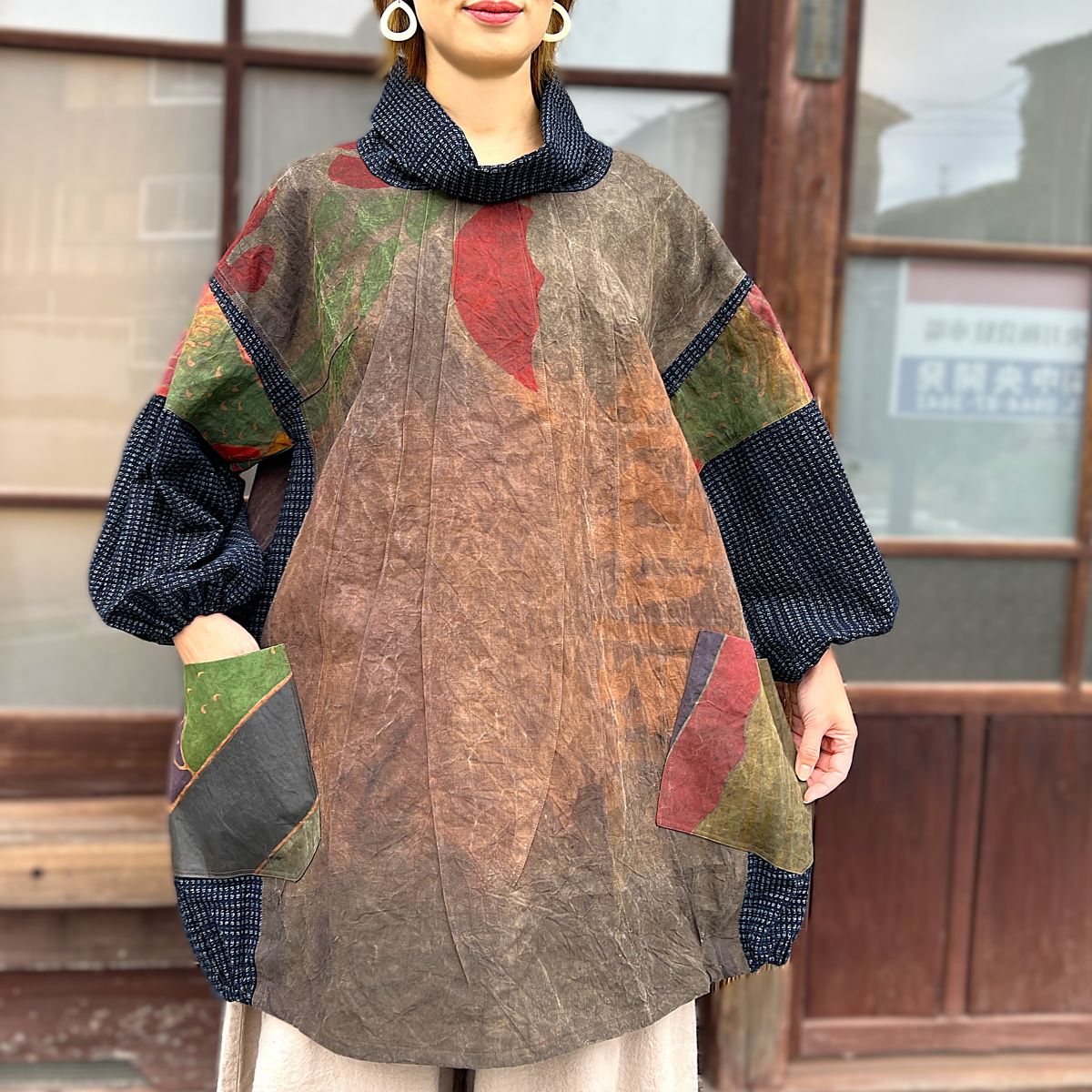 今尾知子作【古布アレンジチュニック】作家一点物オリジナルロングレディース春夏藍染め柿渋染め泥染め..