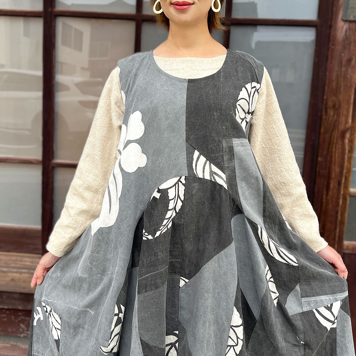 【古布アレンジジ変形ャンパースカート】作家一点物オリジナル綿100％草木染め筒描きのぼり旗ミセス40代50代60代レディース春夏秋冬創作服ロングアンティーク時代物レトロワンピース