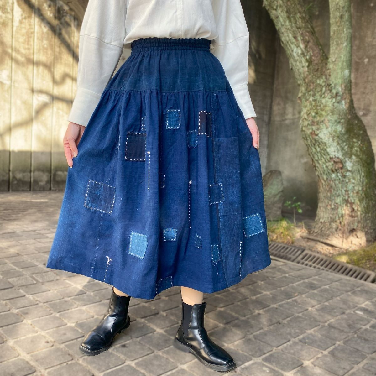 【古布アレンジ裏地付きスカート】作家一点もの40代50代60代藍染め襤褸ロングフレア創作服ウエストゴム..