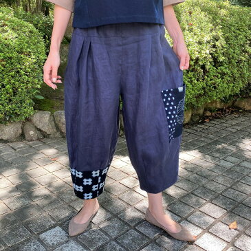 【久留米絣リネンパンツ】ミセス40代50代60代70代レディース藍色ウエスト総ゴム春夏秋冬日本製長ズボンもんぺ可愛い