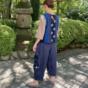 【久留米絣リネンパンツ】ミセス40代50代60代70代レディース藍色ウエスト総ゴム春夏秋冬日本製長ズボンもんぺ可愛い