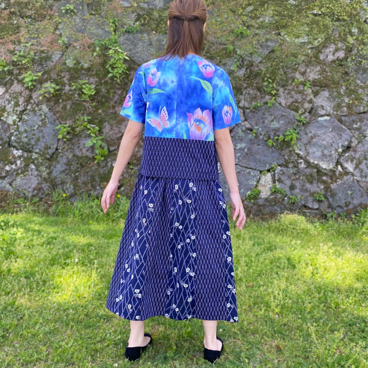 【浴衣リメイクセットアップ】高木ふくえ作家一点物オリジナル綿100％ミセス古布アレンジ前ボタン和柄和風フレアスカートホームウェア花柄花火大会盆踊り夏祭り涼しい夏の洋服創作服ブラウスプルオーバー半袖