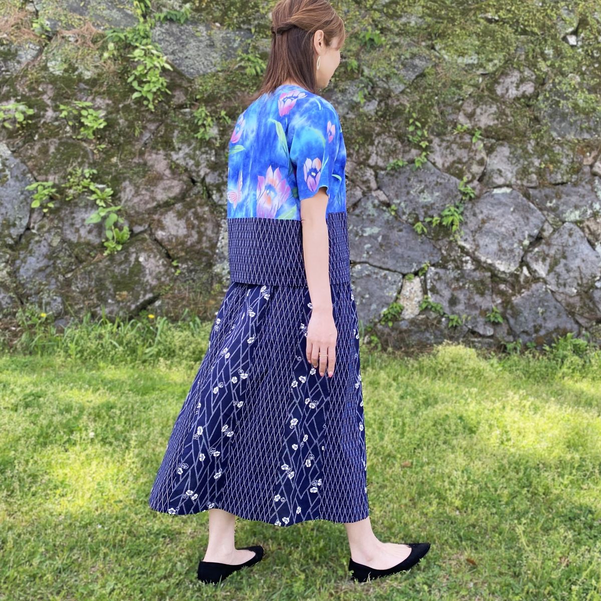 【浴衣リメイクセットアップ】高木ふくえ作家一点物オリジナル綿100％ミセス古布アレンジ前ボタン和柄和風フレアスカートホームウェア花柄花火大会盆踊り夏祭り涼しい夏の洋服創作服ブラウスプルオーバー半袖