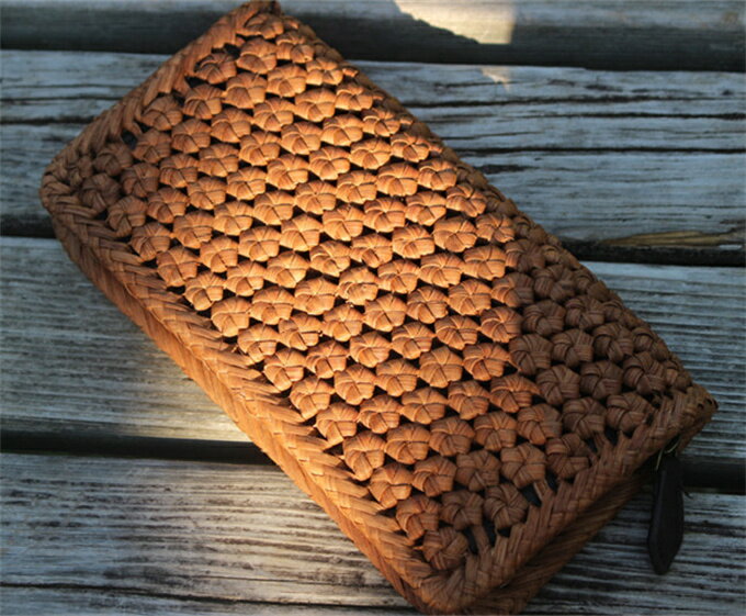 長財布　山葡萄 籠 バッグ 六角花編 小銭入れ　ポーチ財布 　コインケース　カード入れ レザー 牛革 ハ..