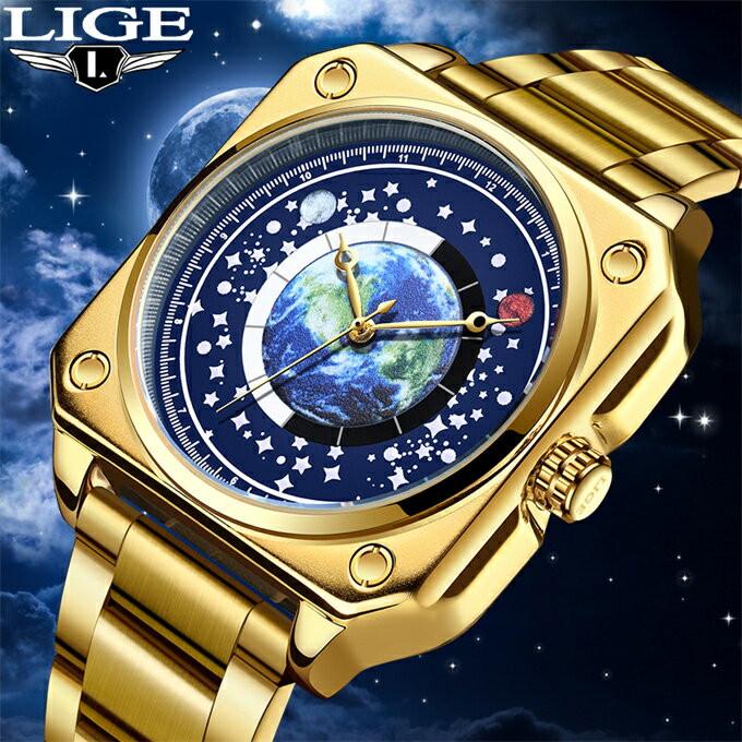 Lige-メンズラグジュアリークォーツ時計、ステンレススチールストラップ、防水、クリエイティブ、接眼レンズ、ビッグダイヤル、メンズ時計、防水、ビジネス、カジュアルファッション