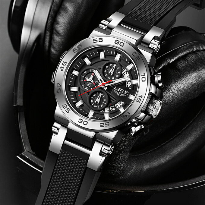 Lige-メンズカジュアルスポーツクォーツ時計、アウトドアファッション、メンズシリコンウォッチ、防水、発光日付、ミリタリー腕時計