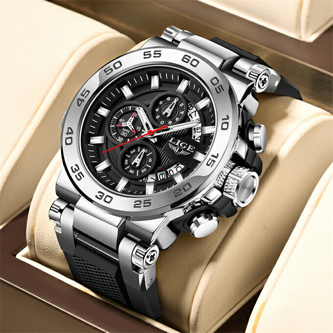 Lige-メンズカジュアルスポーツクォーツ時計、アウトドアファッション、メンズシリコンウォッチ、防水、発光日付、ミリタリー腕時計