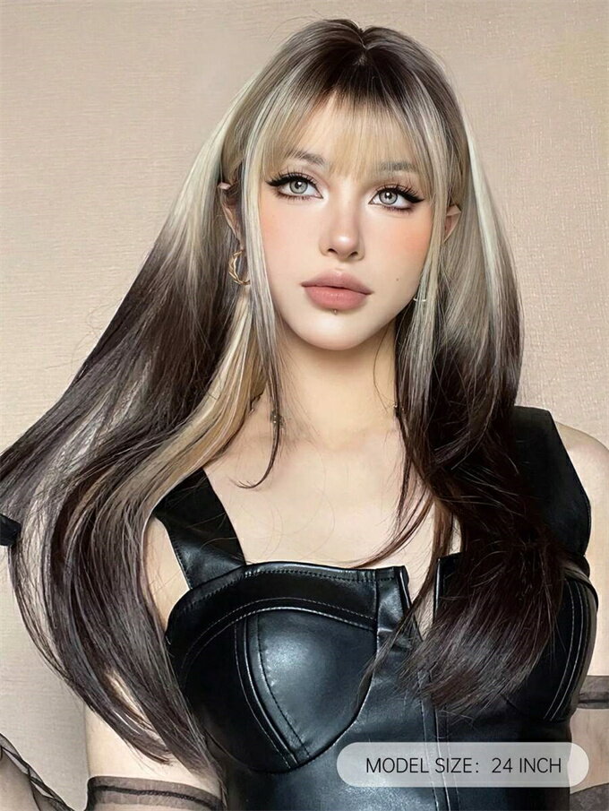 コスプレ シンセティックウィッグ 黒金 26インチ 女性用 ロングストレート レイヤード バング付き 耐熱 ウィッグ かつら カツラ つけ毛 うぃっぐ