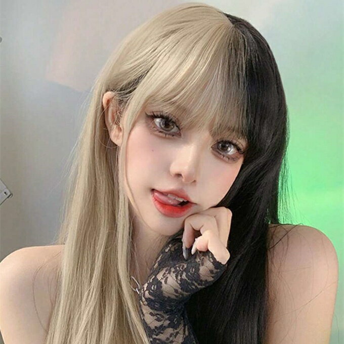 女性用 黒と金の混合 合成ロングストレートウィッグ バング付き 26インチ 合成繊維 ヒートレジスタント加工 日常生活に使いやすく、初心者にも最適。