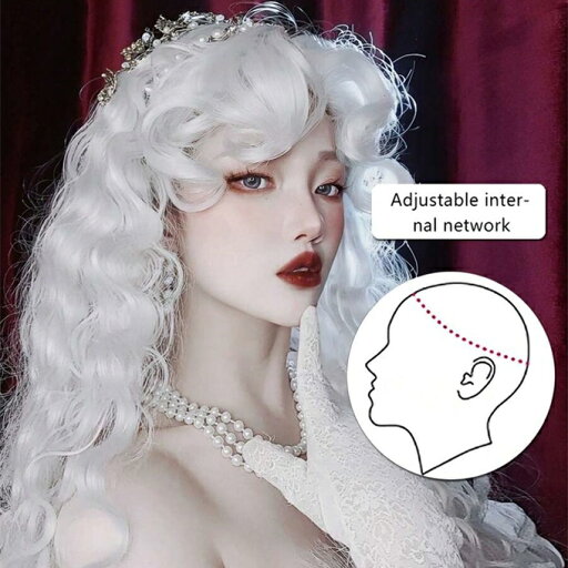 白いウェーブのかかった長い前髪付きウィッグ、女性用シルキーな合成繊維製、日常・パーティー用、耐熱性、ふわふわの前髪付き ロングカーリーシルバーウィッグ、コスプレ日常使用に 白いウェーブのかかった長い前髪付きウィッグ、女性用シルキーな合成繊維製、日常・パーティー用、耐熱性、ふわふわの前髪付き ロングカーリーシルバーウィッグ、コスプレ日常使用に