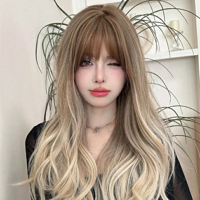 26インチ 茶色オンブレ ウィッグ 白波状 前髪付き ファッション ルーズ ロング カール 合成繊維 女性用 日常 パーティー ヒートレジスタント