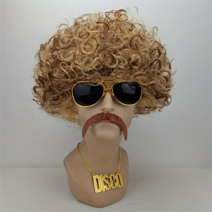 ディスコウィッグ 5点セット (ウィッグ + メガネ + ネックレス + 髭 + ウィッグキャップ) 70年代 コスチュームウィッグ メンズ ショート カール ...
