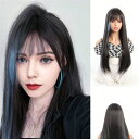 26インチ ロング ストレート ブラック ハイライト ヘイズブルー ウィッグ レディース&ガール用 前髪付き 耐熱ファイバー製 初心者向け ウィッグ ファッションパーティー、ハロウィーン、クリスマス(4)