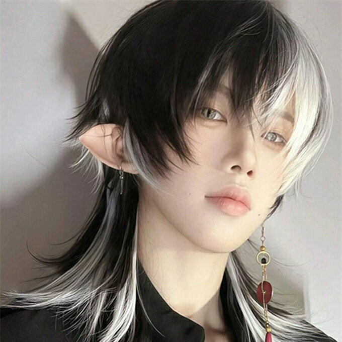 16インチ オンブレ グレー&ホワイト アニメ ウルフ テールハイブリッド コスプレウィッグ、自然な外観の長い ストレート 合成毛ウィッグ コスチュームパーティー、クリスマス用