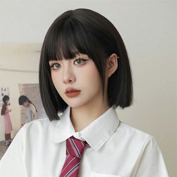 かわいいピンクのウィッグ、グラデーション ショート ストレートボブウィッグ、前髪付き、合成繊維 耐熱性、高品質ウィッグ、女の子の日常 パーティー コスプレに 12インチ