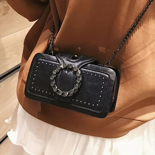 レトロなラウンドラインストーンバックルバッグ - ボディバッグ、リベット装飾の女性用バッグ、音楽フェスティバル用 レトロなラウンドラインストーンバックルバッグ - ボディバッグ、リベット装飾の女性用バッグ、音楽フェスティバル用