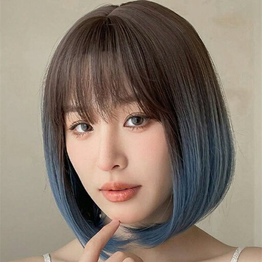 ブラウンからブルーのグラデーションボブウィッグ、前髪付き、12インチ ストレート合成ウィッグ、女性用コスプレ・パーティー向け ブラウンからブルーのグラデーションボブウィッグ、前髪付き、12インチ ストレート合成ウィッグ、女性用コスプレ・パーティー向け