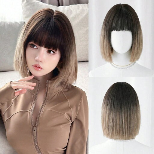 新作オンブレー ブラウンウィッグ ダークルーツ、女性用ショートボブウィッグ 12インチ ストレート ショートカット バンgs付き、自然な外観の耐熱合成繊維ウィッグ デイリーパーティ用 新作オンブレー ブラウンウィッグ ダークルーツ、女性用ショートボブウィッグ 12インチ ストレート ショートカット バンgs付き、自然な外観の耐熱合成繊維ウィッグ デイリーパーティ用