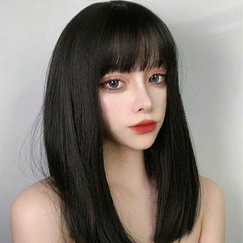 16インチ ナチュラルブラック 前髪付き ストレート 合成ウィッグ 快適で スタイリッシュ リアルなウィッグ 日常使用