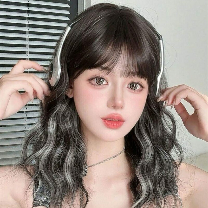 耐熱 ショートウェーブ フルフィー バング グレー 18インチ ニート 安価 上質 細い髪用 耐熱