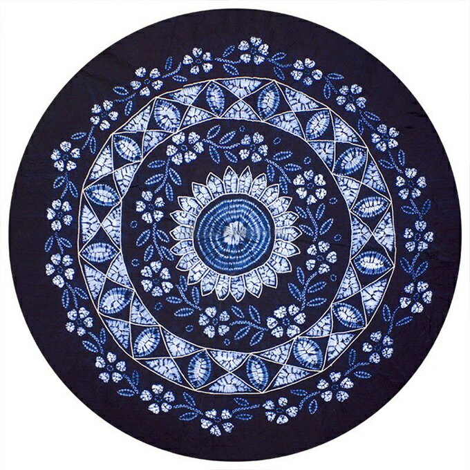 【手仕事・藍染】手刺し子 田舎の風合いを楽しむ 絞り染め 円形テーブルクロス 綿100％ 直径150cm｜植..