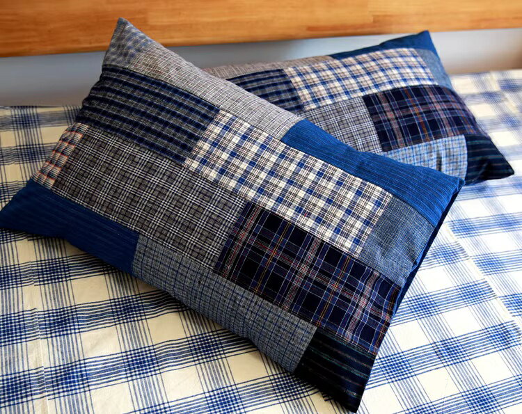 手仕事 藍染 信封式ピローケース 2枚セット パッチワーク 枕カバー 75×48cm オーガニック感 植物染 小..