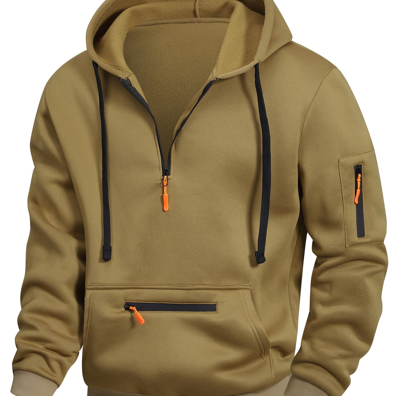メンズ秋冬フード付きスウェットシャツ - オレンジアクセントのカジュアルプルオーバー、レギュラーフ..