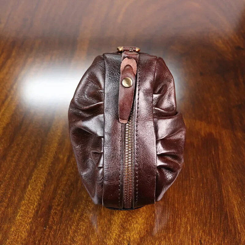 幸福の家　楽天市場店の手作り 植鞣し本革 ふっくらポーチ／レトロ感漂うハンドメイド財布 小銭入れ レディース 多機能 ミニクラッチ 【全4色】／レトロデザイン／ナチュラルレザー／手仕事／経年変化／ギフト／プレゼント｜アングル3