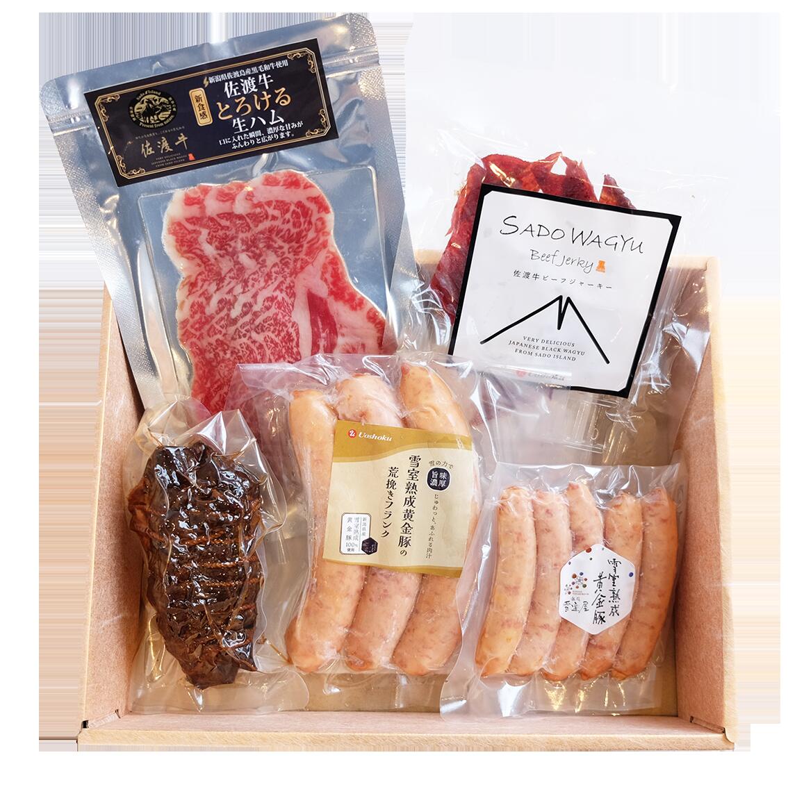 こがね牧農舎 スペシャルおつまみセット ｜ 国産 雪室熟成黄金豚 越乃 佐渡牛 お中元 お歳暮 お取り寄せ グルメ ギフト 詰め合わせ おうちごはん ブランド牛 ブランド豚 フランク ウインナー 焼豚 生ハム ジャーキー ビーフ キャンプ BBQ こがね牧農舎 ピア万代 ピアBandai