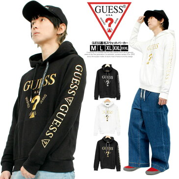 【送料無料】GUESS(ゲス) パーカー メンズ 大きいサイズ プルオーバー メタリック ロゴ プリント 裏毛 スウェット 薄手 ブランド トップス 黒 ゴールド シルバー ホワイト ユニセックスナー ゆったり おおきい