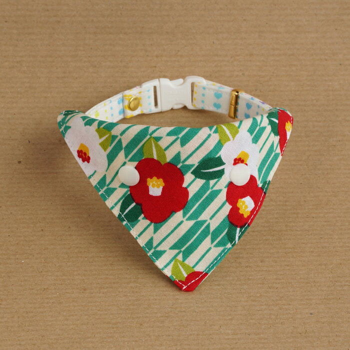 【椿と矢絣の和モダンバンダナ(翡翠)】 首輪用バンダナ 猫用 首輪にプラス 犬用も可 ワンタッチバンダナ ハンドメイド オーダーメイド こげねこ ねこ ペット用...