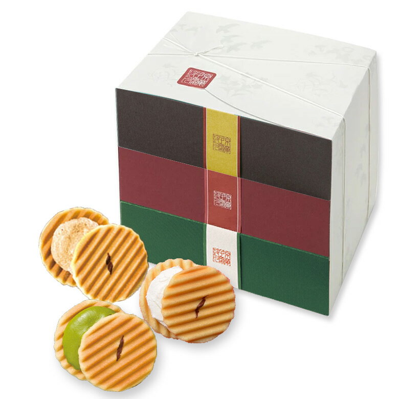 鼓月 姫千寿せんべい三段箱（栗モンブラン・シュガークリーム・有機抹茶）各12枚入 / あす楽 送料無料 敬老の日 内祝 お祝い返し お見舞い 出産祝い 結婚祝い 菓子 ギフト マロン 秋 スイーツ 和菓子 京都 プチギフト 贈り物 ご自宅用 ご家庭用のサムネイル