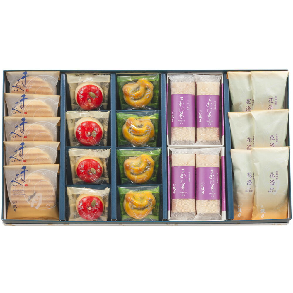 鼓月　冬の銘菓撰詰合せ（プレミアム千寿せんべい5枚、摘み果林檎4個、摘み果バナナ4個、万都の葉2個入2箱、花洛6個） / 歳暮 冬ギフト お年賀 送料無料 和菓子 お菓子 スイーツ 京都 お土産 ギフト 帰省 プレゼント 内祝い 冬 りんご リンゴ バナナ 御祝 挨拶 スイーツのサムネイル