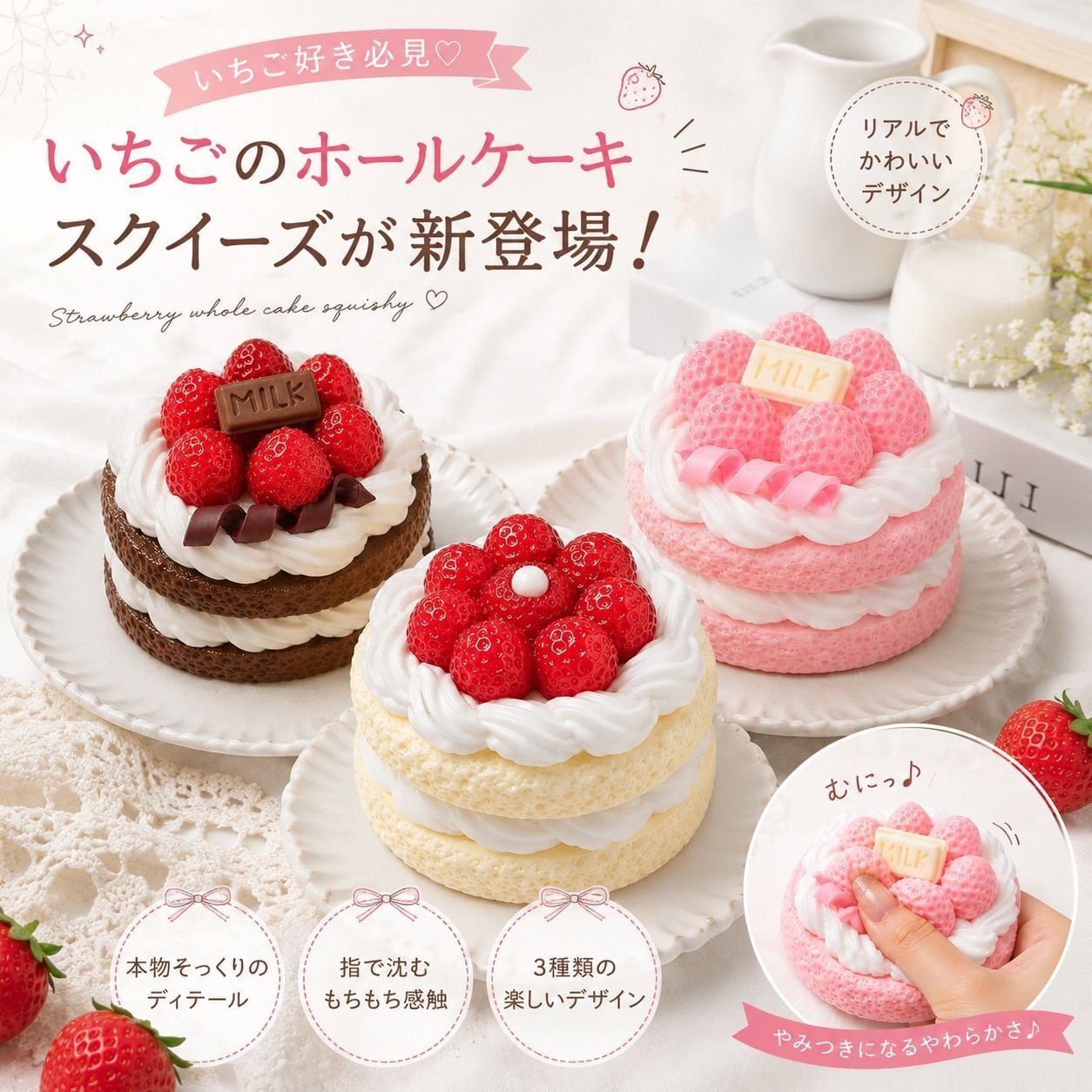 スクイーズ いちごケーキ 苺 ショートケーキ スイーツ 低反発 トロもち もちもち やわらか デザート ストレス解消 握る 癒し 全3種類 プレゼント ギフト koguma-house-10000106 こぐまのおうち サンプル画像3