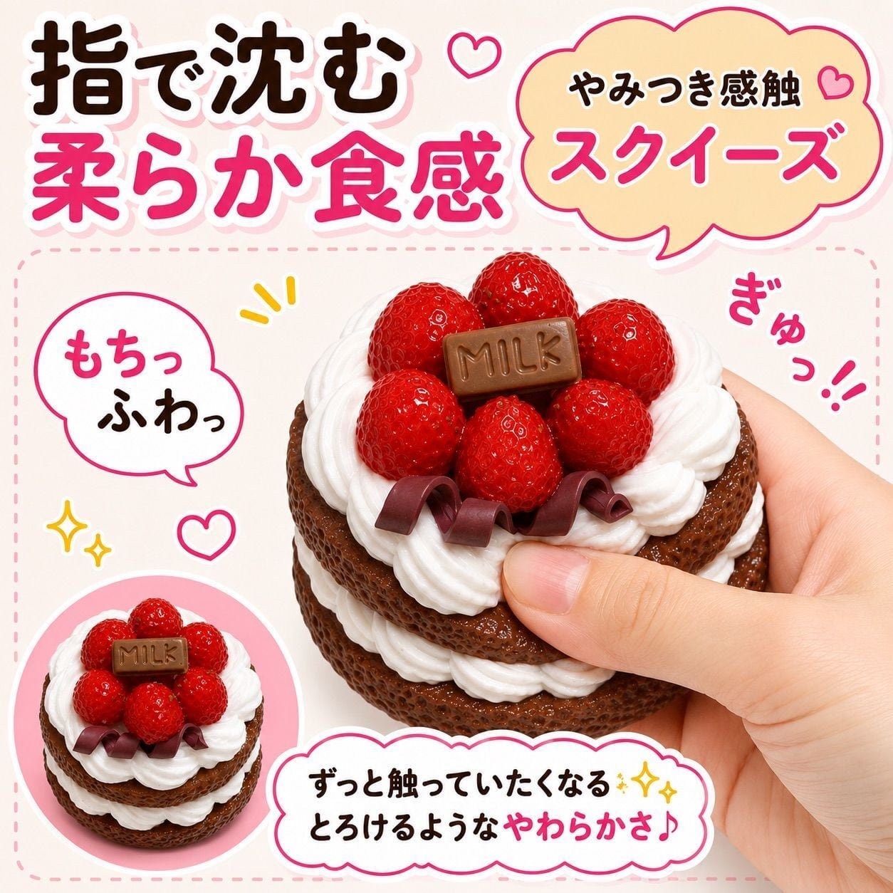 スクイーズ いちごケーキ 苺 ショートケーキ スイーツ 低反発 トロもち もちもち やわらか デザート ストレス解消 握る 癒し 全3種類 プレゼント ギフト koguma-house-10000106 こぐまのおうち サンプル画像2