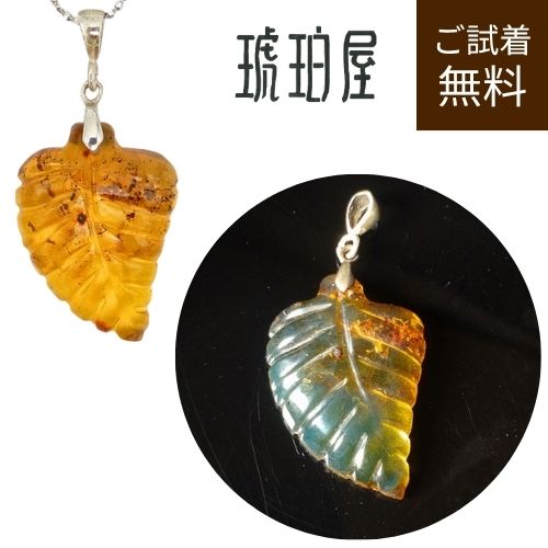 ブルーアンバー ペンダントトップ 葉っぱ リーフ型 彫刻 琥珀 ネックレス 青色 未処理 ドミニカ産 レモンカラー K18 チェーン別売り 一点物 琥珀屋 No 3874
