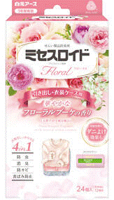 【商品特徴】 ●軽やかでさわやかな香りが収納空間に広がり、快適な衣類ケアスタイルを提案する防虫剤です。 ●ニオイがつかない防虫成分が大切な衣類をせんいの虫から守ります。 ●消臭成分配合。収納空間の気になるニオイ※を消臭します。（※気になるニオイ＝カビ臭・汗臭・体臭） ●防カビ剤配合。カビの発育を抑えます。 ●黄ばみ防止成分配合。衣類保管時の黄ばみ※を防ぎます。（※窒素酸化物（NOx）による黄ばみ） •汚れが原因の黄ばみには効果がありません。 •黄ばみを消す効果はありません。 •素材、生地によって効果は異なります。 ●せんいの防虫に加え、気になるダニを収納空間内に寄せつけにくくします。（ピレスロイドの効果） ※収納空間内に屋内塵性ダニを寄せつけにくくする効果を確認しています。 マダニやイエダニを対象とした製品ではありません。 ●取り替え時期がひと目で分かる「おとりかえサイン」付きです。 ●金糸、銀糸、ラメ加工製品、ボタン類（金属、プラスチック製品）などにも安心して使えます。 ●和服、毛皮等の皮革製衣類にも使えます。 【ご注意】 ※パッケージデザイン等が予告なく変更される場合もあります。 ※商品廃番・メーカー欠品など諸事情によりお届けできない場合がございます。 製造、販売元：白元アース株式会社 商品に関するお問い合わせ先 電話：03-5681-7691 受付時間／平日9:00～17:00 （土日祝除く）　