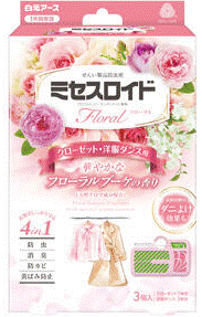 ミセスロイドフローラル クローゼット・洋服ダンス用 3個入 1年防虫 フローラルブーケの香り