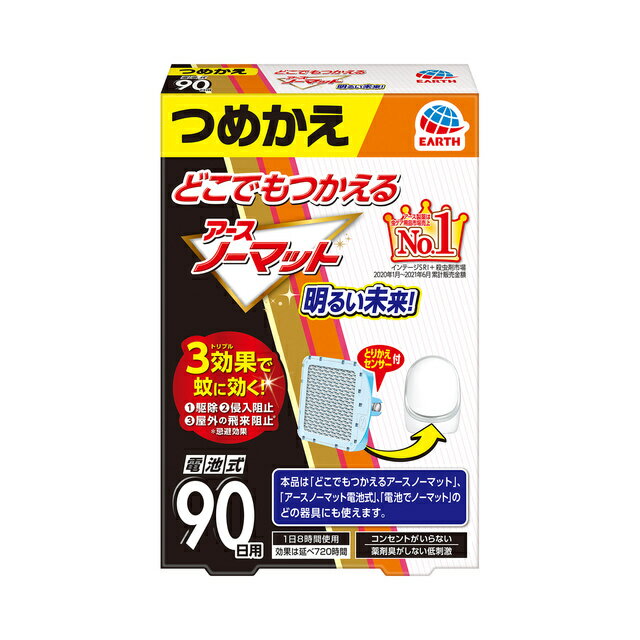 【商品特徴】 ●トリプル効果で蚊に効く！ 1・駆除 2・侵入阻止 3・屋外の飛来阻止※ ※忌避効果 ●電池式蚊とり 火も熱も使わず、コンセント不要で置き場所も選ばないので、小さなお子様やペットのいるご家庭でも安心して使えます。 ●低刺激・無臭タイプ 薬剤臭がしない低刺激・無臭タイプです。 ●取替え時期がわかる LEDメーターで電池と薬剤の取替え時期がそれぞれはっきりわかります。 ●ハニカム構造 ハニカム構造ならではの巨大揮散面積＆高い揮散効率だから薬剤が素早く揮散してよく効きます。 ●静音ファン 静音ファンを採用しており、使用中のファンの音はほとんど気になりません。 ●こんなところにオススメ！ ・お子様やペットがいるご家庭に：子供部屋、リビング ・コンセントが少ない場所に：玄関、ベランダ ・コンセントが込みあっている場所に：キッチン ・アウトドアに：バーベキュー、テント 【使用方法】 1・器具底面の電池ぶたをあけ、+・-を間違えないようにして単3電池をセットする。 アルカリ電池の場合は、1日8時間使用で約45日使用できます。 使用中、電池の交換が必要になります。 マンガン電池の場合は、使用時間が半減するのでアルカリ電池の使用をおすすめします。 2・袋から薬剤を取り出して、ふたをあけた器具にカチッと音がするまで押し込み、ふたをしめる。 （薬剤含浸部分に直接ふれないようにしてください。） ※薬剤が白く固まっていることがありますが、使用に問題はありません。 ＜電池ぶた(器具底面)、裏ぶた 共通＞ ふたのあけ方：ふたの下部（OPENの刻印）を指で押さえながら上方向にスライドさせてはずす。 ふたのしめ方：ふたの内側のツメを本体の孔にあわせ、下方向にスライドさせてしめる。 3・上部にあるスイッチをONにするとファンが回転して薬剤が揮散する。 同時にLEDメーターが作動し、薬剤と電池の残量が表示される。 LEDメーターについて ●黄色のランプは薬剤の残量を示し、使用中にランプが点滅したら、薬剤を取替える。 ●緑色のランプは電池の残量を示し、使用中にランプが消灯したら、電池を取替える。 （電池残量のランプが消灯したらファンも止まり、薬剤残量のランプも消灯します。 180日用の場合、薬剤の使い終わりまでの間で単3アルカリ電池を3回交換する必要があります。） ●どこでもつかえるアースノーマット、アースノーマット電也式、電池でノーマットの、どのつめかえでもお便いいただけます。 使用にあたっては、薬剤に添付の「使用説明書」をよく読み、正しくお使いください。 また必要なときに読めるよう「使用説明書」は大切に保管してください。 【有効成分】 トランスフルトリン 375mg/個 【効果・効能】 蚊成虫の駆除、忌避、侵入阻止 【ご注意】 ※パッケージデザイン等が予告なく変更される場合もあります。 ※商品廃番・メーカー欠品など諸事情によりお届けできない場合がございます。 販売元：アース製薬株式会社 商品に関するお問い合わせ先 電話：0120-81-6456 受付時間／平日9:00〜17:00 （土日祝除く）広告文責：有限会社シンエイ 電話：077-545-0252