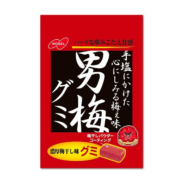 【商品特長】 ●男梅の味わいを楽しめるグミが登場！ ●ハードな噛みごたえのある食感で、噛むほどに梅干しの濃厚な味わいがしみ出すグミです。 区分：食品 【ご注意】 ※パッケージデザイン等が予告なく変更される場合もあります。 ※商品廃番・メーカー欠品など諸事情によりお届けできない場合がございます。 販売元：ノーベル製菓株式会社 商品に関するお問い合わせ先 電話：0120-47-0141 受付時間／平日9:00〜17:00（土日祝除く） 広告文責：有限会社シンエイ 電話：077-545-0252