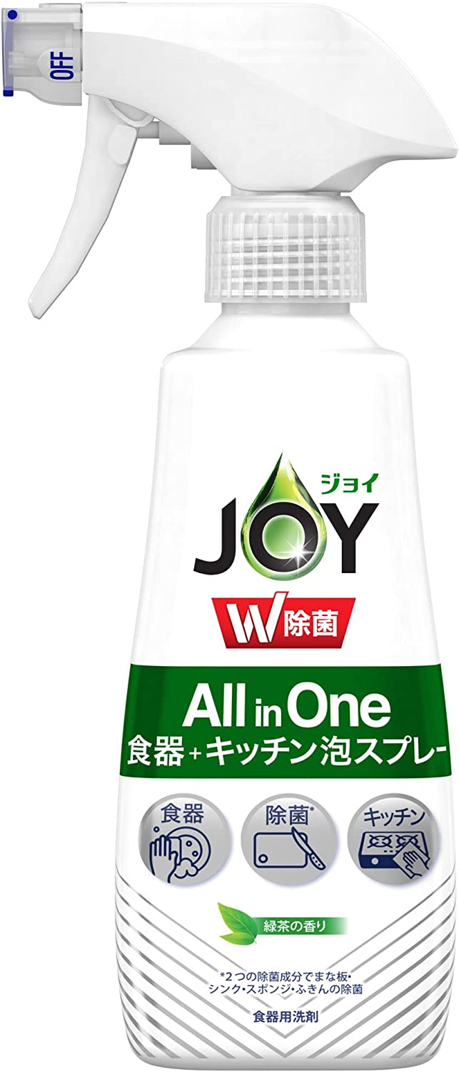 【商品特徴】 ●ジョイW除菌All in One食器＋キッチン泡スプレー緑茶の香り ●食器洗いに！スプレーした泡が汚れに浸透し、浮かせて落とすので、ゴシゴシ洗いの手間が省けて効率的。 ●除菌に！菌が気になるまな板やシンクなどにスプレーして洗い流すことで除菌も。 ●キッチン掃除に！焦げ付きや油汚れなど、落としにくい頑固な汚れのついたキッチン掃除まで可能。 *すべての菌を除菌するわけではありません。 【ご注意】 ※パッケージデザイン等が予告なく変更される場合もあります。 ※商品廃番・メーカー欠品など諸事情によりお届けできない場合がございます。 販売元：P＆G(プロクター＆ギャンブル) 商品に関するお問い合わせ先 電話：0120-118226 受付時間／平日9:15〜17:00 （土日祝除く） 広告文責：有限会社シンエイ 電話：077-545-0252