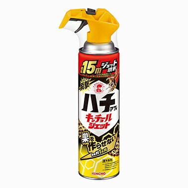 【商品特徴】 ●直撃速効＆侵入防止 最長15mのジェット噴射でハチを瞬撃殺虫 7つ穴噴口+チッ素加圧で強力ジェット噴射を実現。 ハチを狙いやすいトリガーで、ハチに近付かず速効駆除。 ●ハチの巣を作らせない 毎年ハチが巣を作って困る場所や、巣を作りそうな場所にあらかじめスプレーしておくだけで、巣を作らせません。 効果は約1ヵ月間持続。 ●巣の幼虫やさなぎにも効く スプレーすると、有効成分が巣の奥までしっかり浸透。 巣の中の幼虫やさなぎも駆除します。 【適用害虫】 アシナガバチ、ミツバチ、クマバチ、アブ、ブユ、ユスリカ、ガ、ゲジゲジ、ムカデ、ヤスデ、カメムシ、クモ、ケムシ、羽アリ ※パッケージデザイン等が予告なく変更される場合もあります。 ※商品廃番・メーカー欠品など諸事情によりお届けできない場合がございます。 販売元：大日本除虫菊株式会社 〒550-0001 大阪市西区土佐堀1-4-11 商品に関するお問い合わせ先 電話：06-6441-1105 受付時間／平日9:00〜17:00 （土日祝除く） 広告文責：有限会社シンエイ 電話：077-545-0252