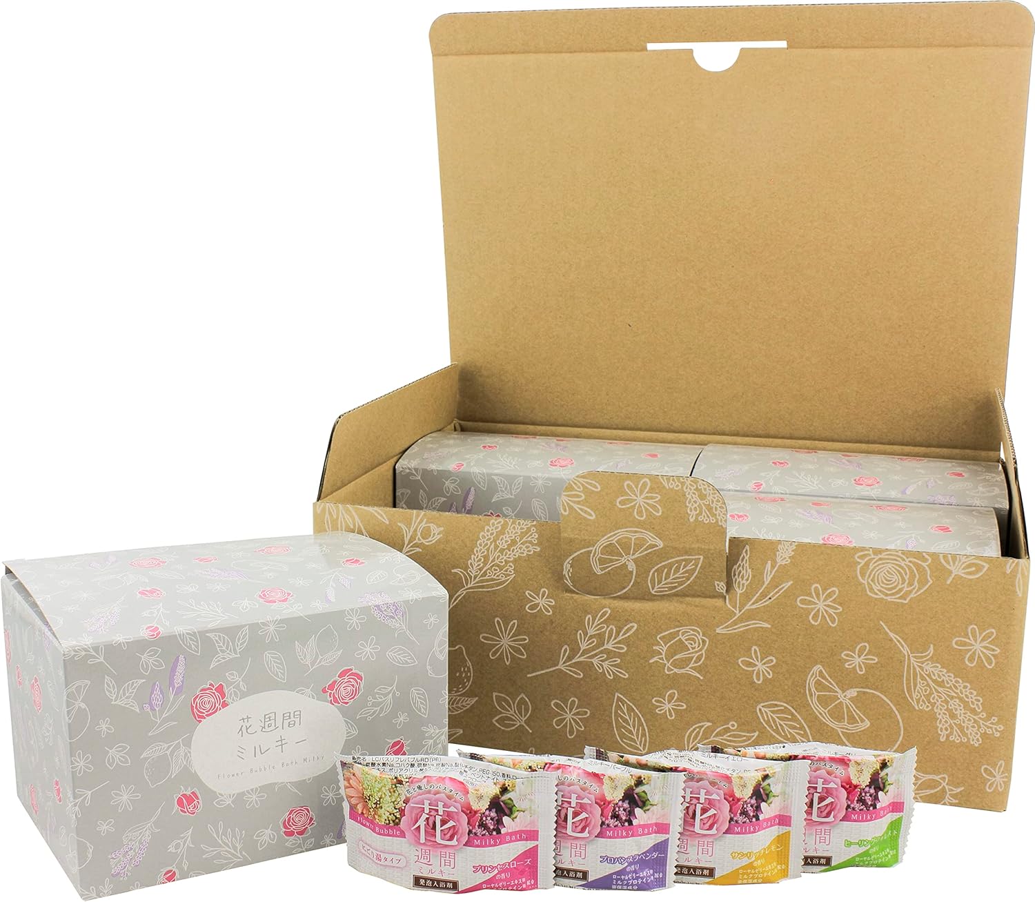 商品説明 ●花と癒しのバスタイム「花週間」4つの花々の香りの詰め合わせです。 ●保湿成分を配合した温浴スキンケアタイプの入浴剤です。 ●お風呂のお湯がやわらかくなり、赤ちゃんと一緒に入浴する時も使えます。 ●たっぷり使える大容量タイプ、業務用96錠。 ※パッケージデザイン等が予告なく変更される場合もあります。 ※商品廃番・メーカー欠品など諸事情によりお届けできない場合がございます。 販売元：ライオンケミカル株式会社 所在地：和歌山県有田市辻堂1番地1 商品に関するお問い合わせ先 電話：0737-82-3211 受付時間／平日9:00〜17:00 （土日祝除く） 広告文責：有限会社シンエイ 電話：077-545-0252