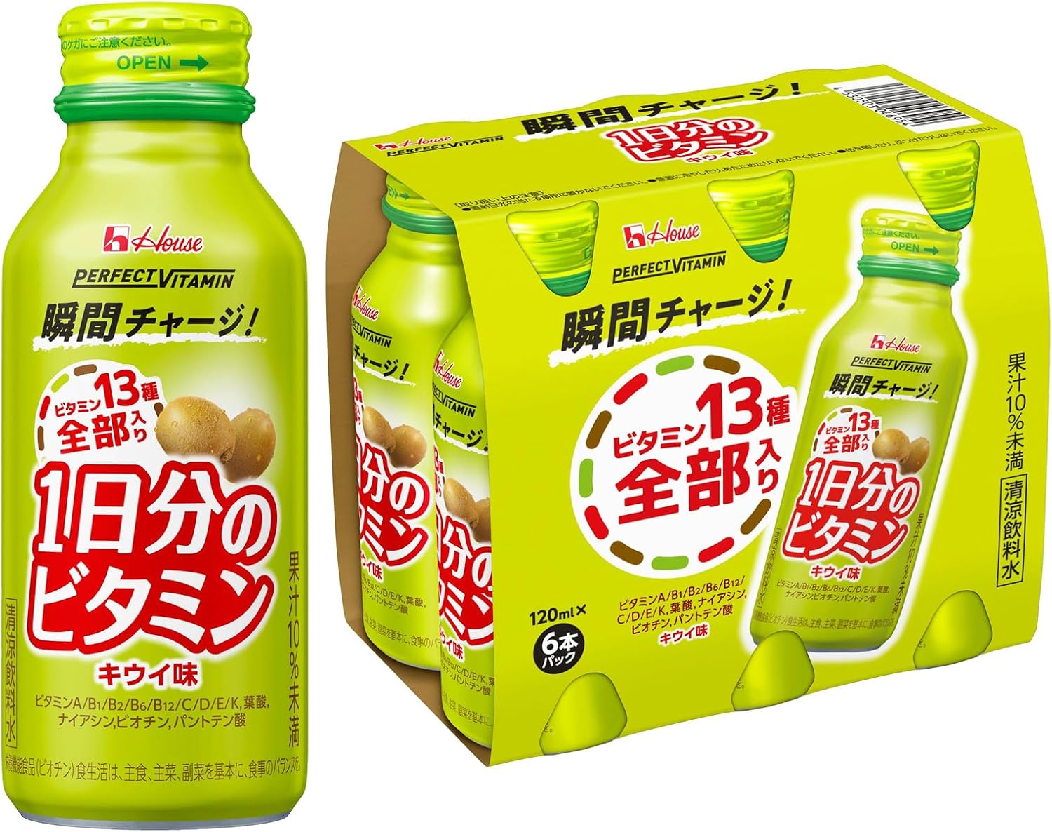 製品の特徴 ●ビタミン13種全部を瞬間チャージ！ ●忙しく十分に摂りきれないビタミン全13種を1?のはじまりや、いつものランチ後、明?に備えて寝る前など、お好きなシーンで?軽においしく「瞬間チャージ」。 ●ほどよい酸味と?味が特徴のキウイ味。 （果汁10％未満） ※パッケージデザイン等が予告なく変更される場合もあります。 ※商品廃番・メーカー欠品など諸事情によりお届けできない場合がございます。 販売元：ハウスウェルネスフーズ株式会社 所在地：兵庫県伊丹市鋳物師3丁目20番地 商品に関するお問い合わせ先 電話：0120-80-9924 受付時間／平日9:00〜17:00 （土日祝除く） 広告文責：有限会社シンエイ 電話：077-545-0252